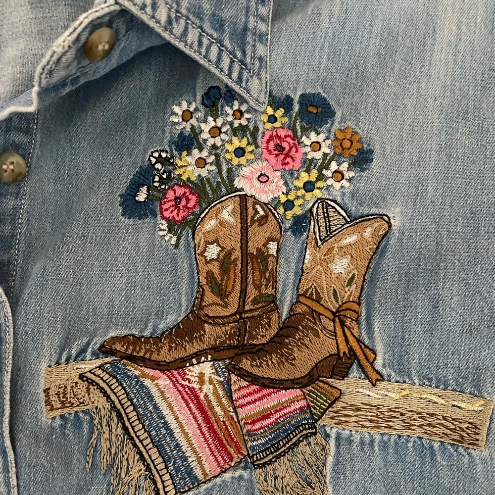 Embroidered Denim Shirt with Boots Cotton Cowboy Western Top - Picture 3 of 4